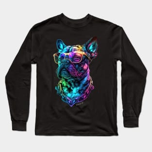 Colorful English Bulldog whit Glasses Neon Colors 90s Long Sleeve T-Shirt